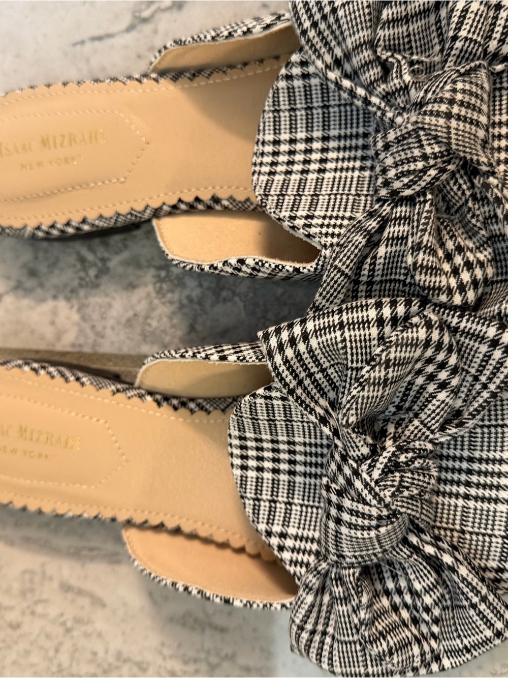 Isaac Mizrahi Black & White Plaid Bow Slide Mules